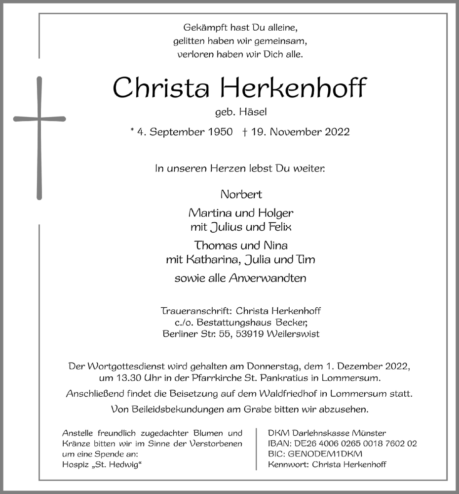  Traueranzeige für Christa Herkenhoff vom 26.11.2022 aus  Blickpunkt Euskirchen 
