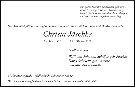 Anzeige von Christa Jäschke von  Anzeigen Echo 