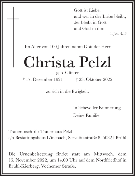 Anzeige von Christa Pelzl von  Schlossbote/Werbekurier 