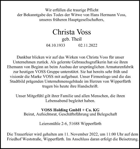Anzeige von Christa Voss von Kölner Stadt-Anzeiger / Kölnische Rundschau / Express