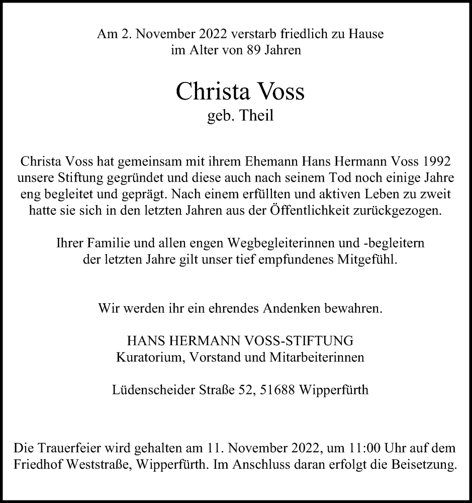  Traueranzeige für Christa Voss vom 05.11.2022 aus Kölner Stadt-Anzeiger / Kölnische Rundschau / Express