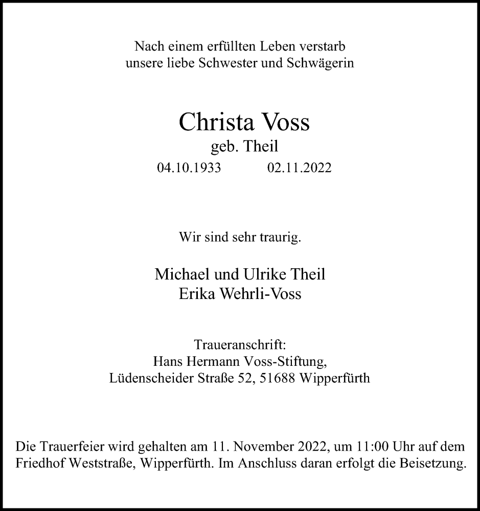  Traueranzeige für Christa Voss vom 05.11.2022 aus Kölner Stadt-Anzeiger / Kölnische Rundschau / Express