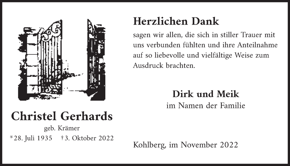  Traueranzeige für Christel Gerhards vom 25.11.2022 aus  Lokalanzeiger 