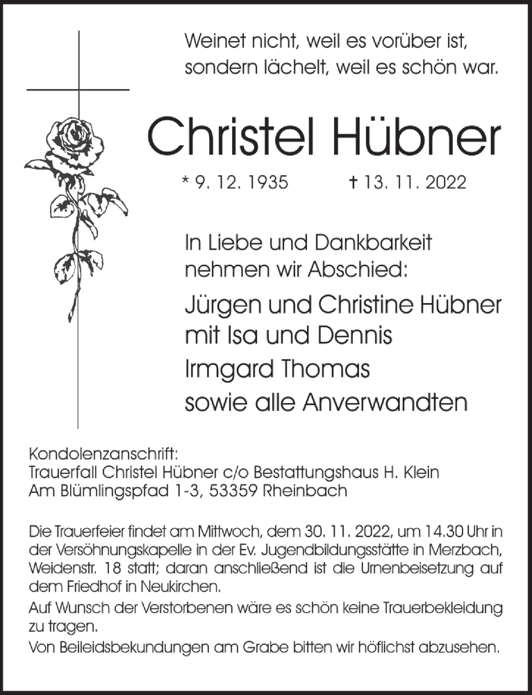  Traueranzeige für Christel Hübner vom 25.11.2022 aus  Schaufenster/Blickpunkt 