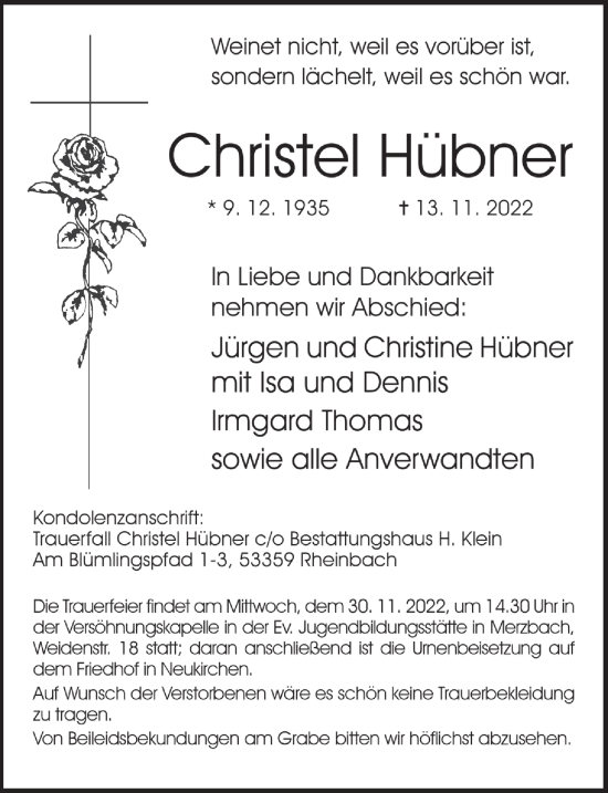 Anzeige von Christel Hübner von  Schaufenster/Blickpunkt 