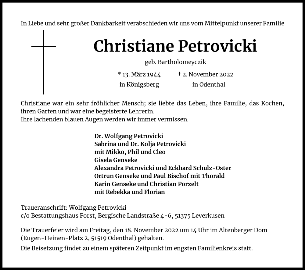  Traueranzeige für Christiane Petrovicki vom 12.11.2022 aus Kölner Stadt-Anzeiger / Kölnische Rundschau / Express