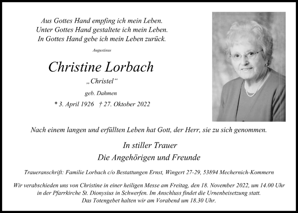  Traueranzeige für Christine Lorbach vom 05.11.2022 aus  Blickpunkt Euskirchen 