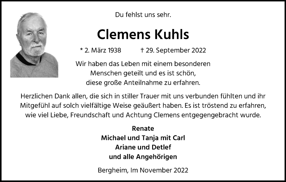  Traueranzeige für Clemens Kuhls vom 26.11.2022 aus Kölner Stadt-Anzeiger / Kölnische Rundschau / Express
