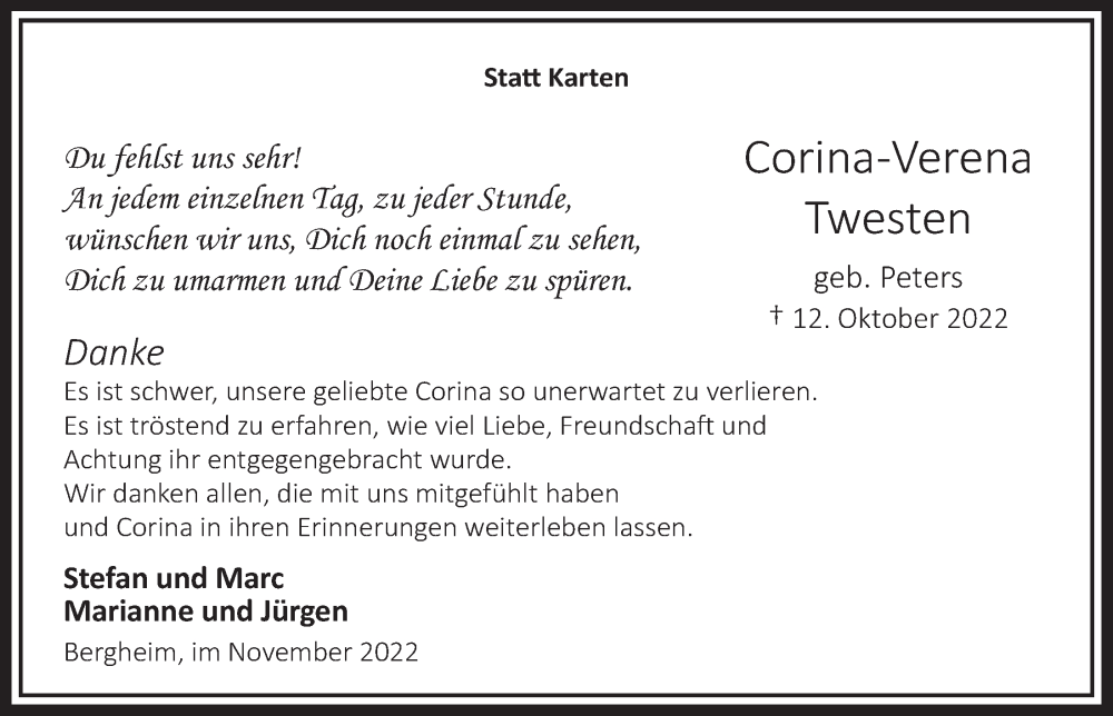  Traueranzeige für Corina-Verena Twesten vom 25.11.2022 aus  Werbepost 