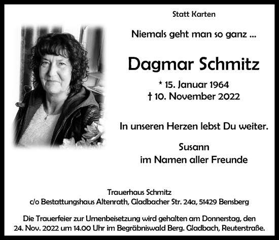 Anzeige von Dagmar Schmitz von Kölner Stadt-Anzeiger / Kölnische Rundschau / Express
