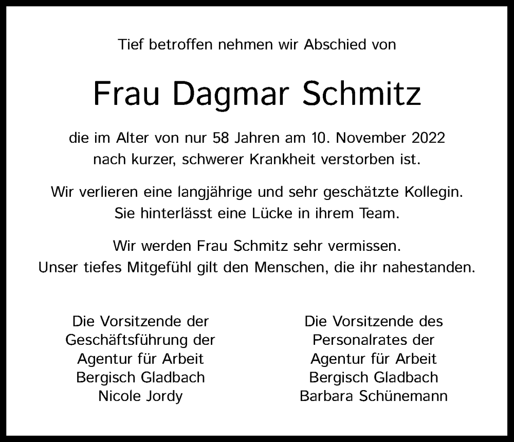  Traueranzeige für Dagmar Schmitz vom 19.11.2022 aus Kölner Stadt-Anzeiger / Kölnische Rundschau / Express