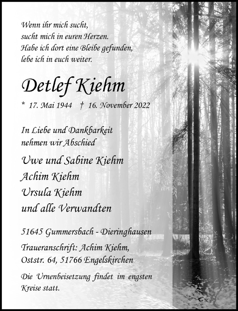  Traueranzeige für Detlef Kiehm vom 25.11.2022 aus  Anzeigen Echo 