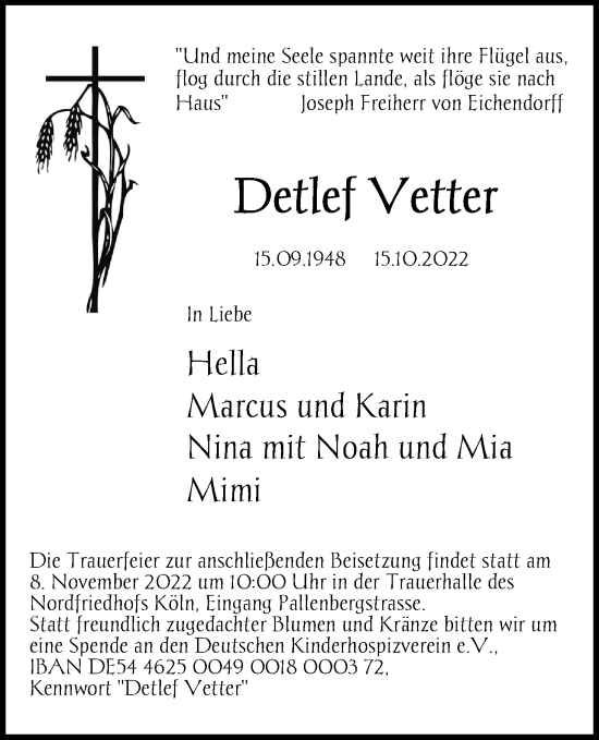 Anzeige von Detlef Vetter von Kölner Stadt-Anzeiger / Kölnische Rundschau / Express