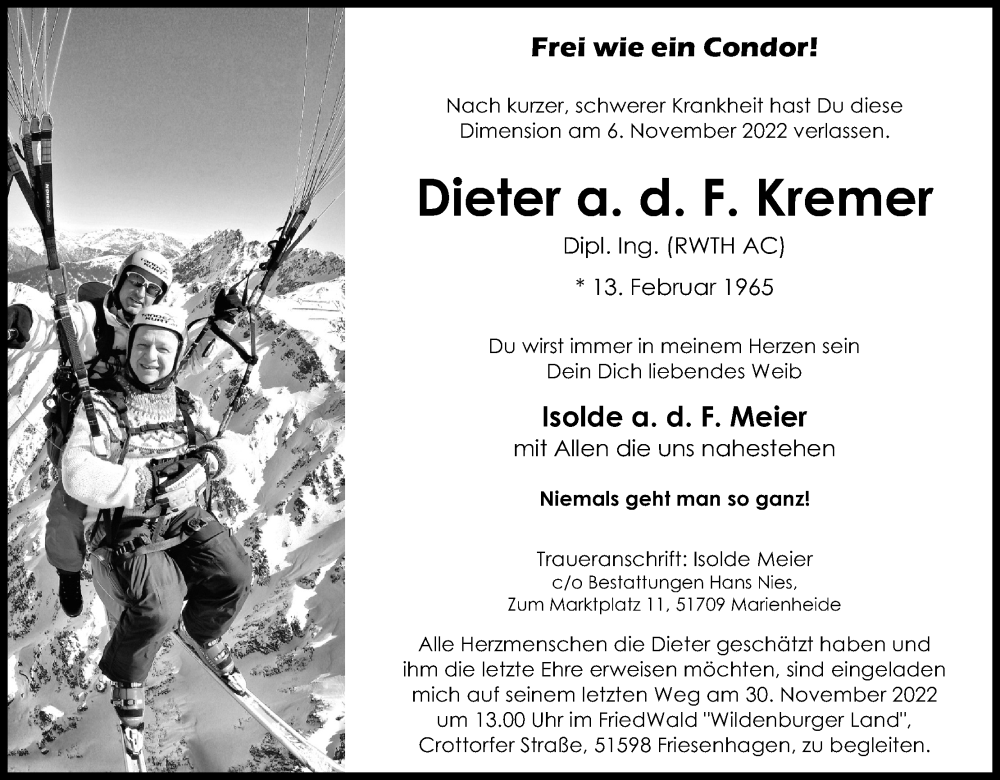  Traueranzeige für Dieter a. d. F. Kremer vom 19.11.2022 aus Kölner Stadt-Anzeiger / Kölnische Rundschau / Express
