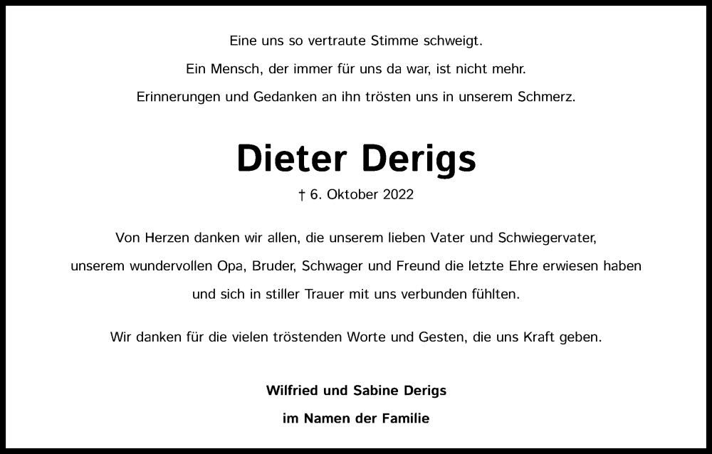  Traueranzeige für Dieter Derigs vom 12.11.2022 aus Kölner Stadt-Anzeiger / Kölnische Rundschau / Express
