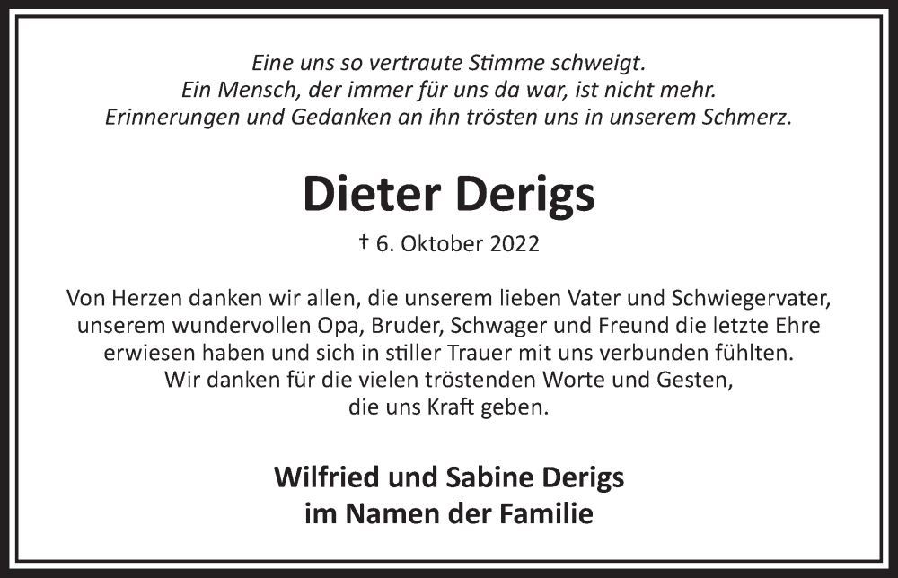  Traueranzeige für Dieter Derigs vom 11.11.2022 aus  Werbepost 