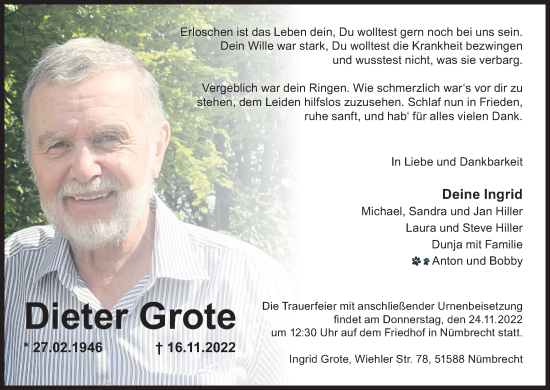 Anzeige von Dieter Grote von Kölner Stadt-Anzeiger / Kölnische Rundschau / Express