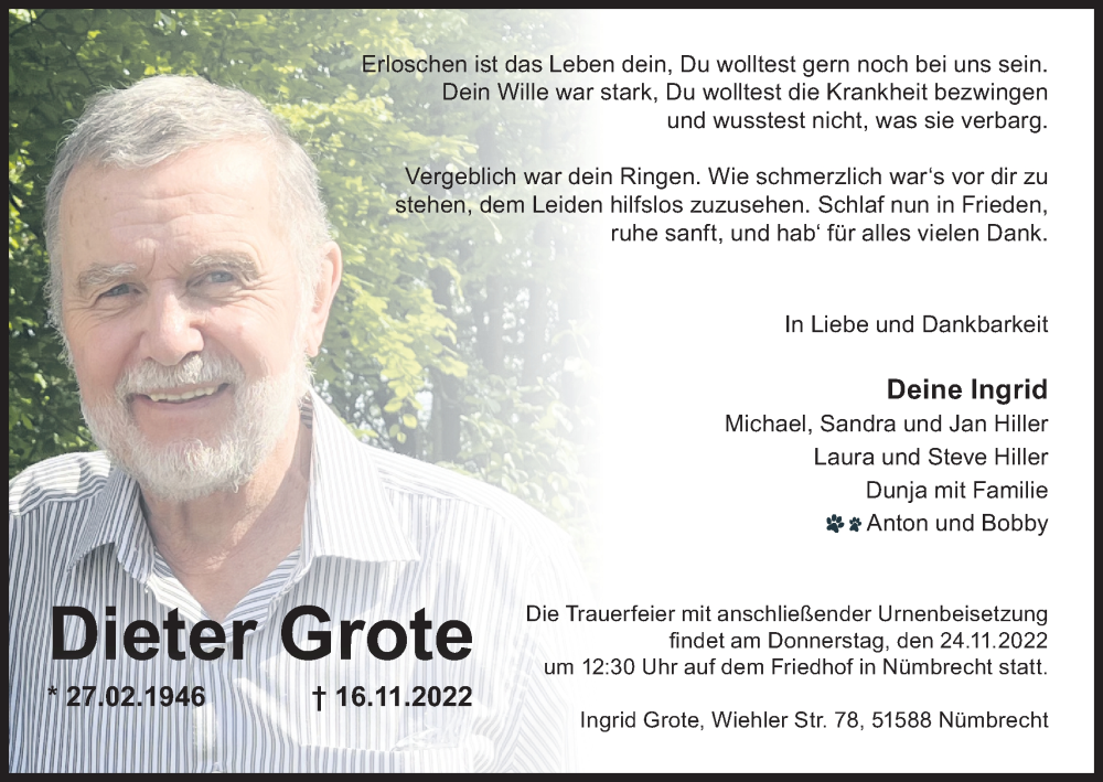  Traueranzeige für Dieter Grote vom 21.11.2022 aus Kölner Stadt-Anzeiger / Kölnische Rundschau / Express