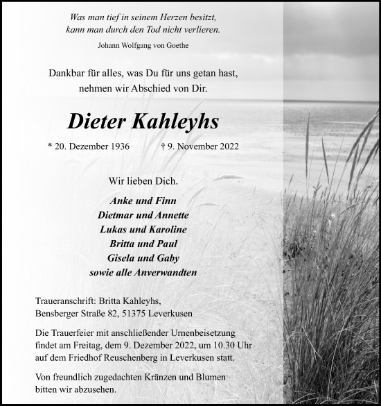 Anzeige von Dieter Kahleyhs von Kölner Stadt-Anzeiger / Kölnische Rundschau / Express