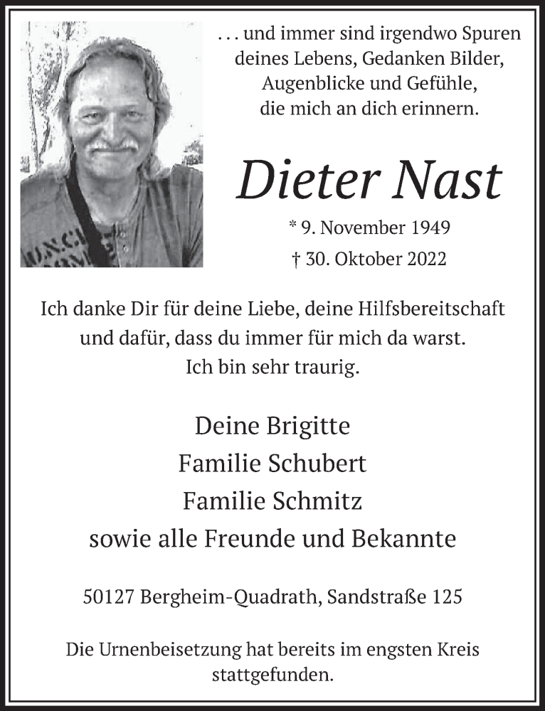  Traueranzeige für Dieter Nast vom 11.11.2022 aus  Werbepost 