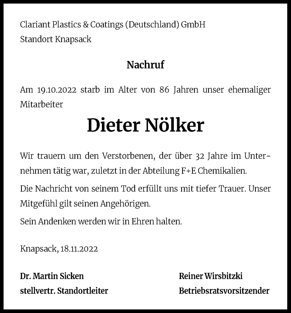  Traueranzeige für Dieter Nölker vom 25.11.2022 aus Kölner Stadt-Anzeiger / Kölnische Rundschau / Express