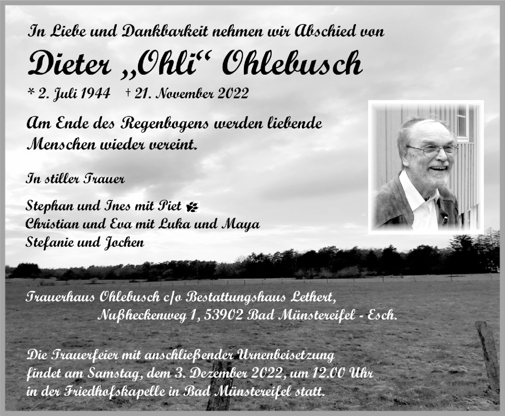  Traueranzeige für Dieter Ohlebusch vom 26.11.2022 aus  Blickpunkt Euskirchen 