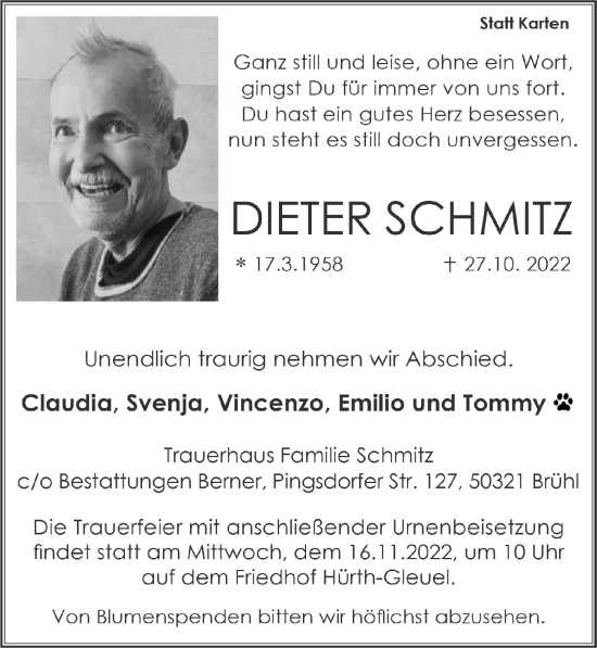 Anzeige von Dieter Schnitz von  Wochenende 