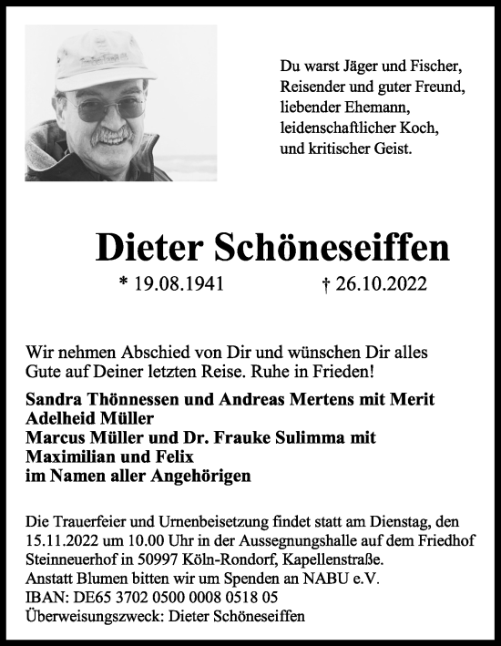 Anzeige von Dieter Schöneseiffen von Kölner Stadt-Anzeiger / Kölnische Rundschau / Express