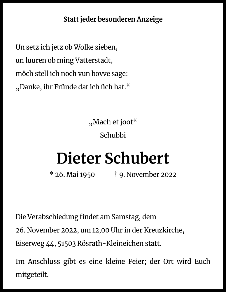  Traueranzeige für Dieter Schubert vom 19.11.2022 aus Kölner Stadt-Anzeiger / Kölnische Rundschau / Express