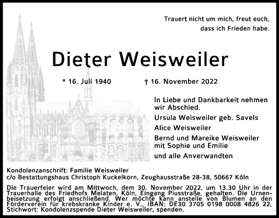 Anzeige von Dieter Weisweiler von Kölner Stadt-Anzeiger / Kölnische Rundschau / Express