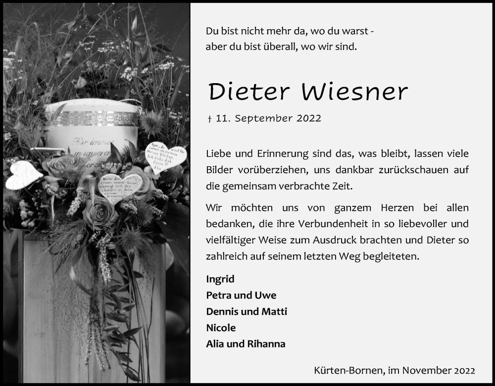  Traueranzeige für Dieter Wiesner vom 12.11.2022 aus Kölner Stadt-Anzeiger / Kölnische Rundschau / Express