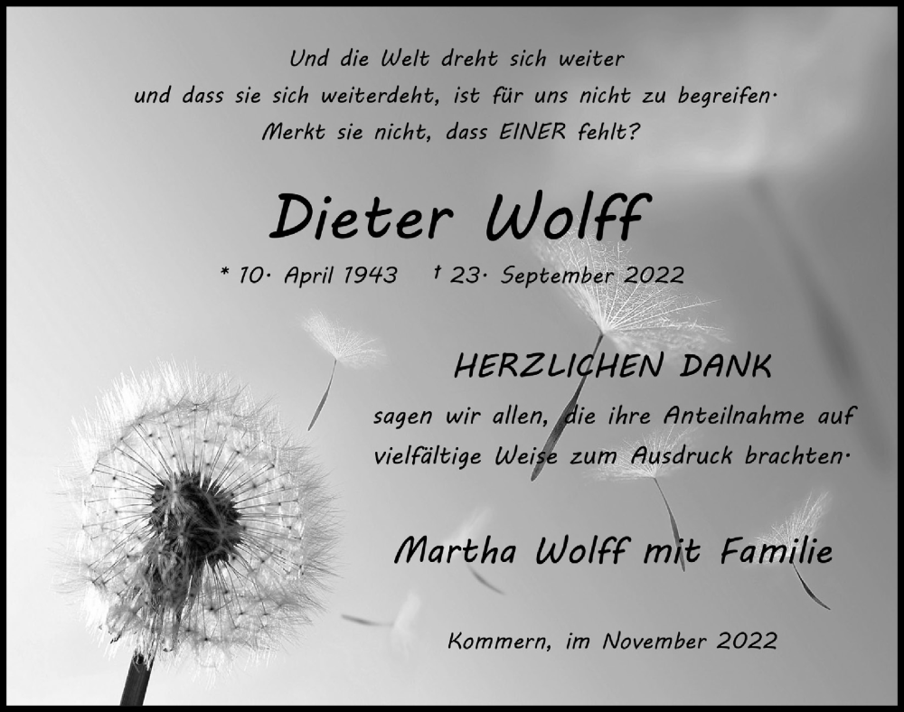  Traueranzeige für Dieter Wolff vom 05.11.2022 aus  Blickpunkt Euskirchen 