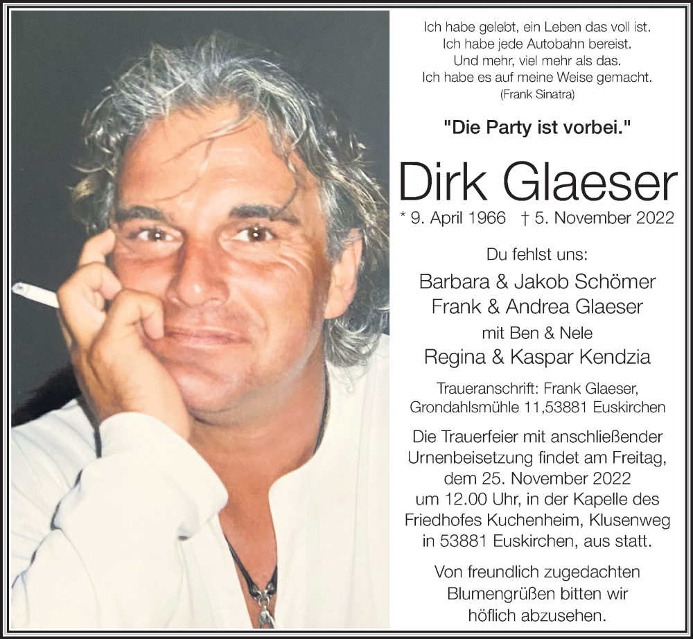  Traueranzeige für Dirk Glaeser vom 19.11.2022 aus Kölner Stadt-Anzeiger / Kölnische Rundschau / Express