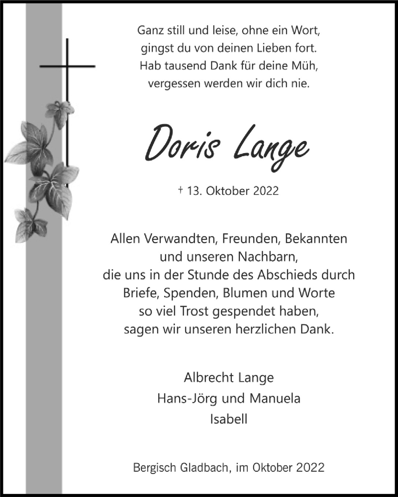  Traueranzeige für Doris Lange vom 25.11.2022 aus  Bergisches Handelsblatt 