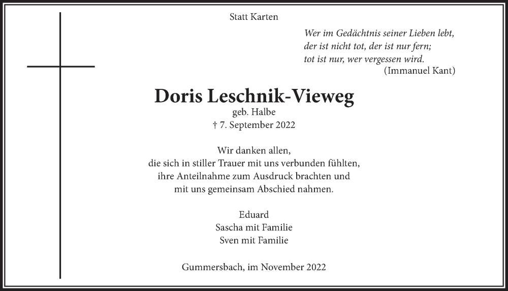  Traueranzeige für Doris Leschnik-Vieweg vom 04.11.2022 aus  Anzeigen Echo 