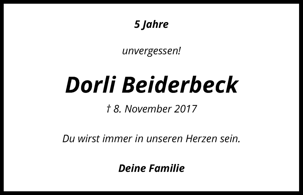  Traueranzeige für Dorli Beiderbeck vom 08.11.2022 aus Kölner Stadt-Anzeiger / Kölnische Rundschau / Express