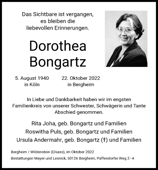 Anzeige von Dorothea Bongartz von Kölner Stadt-Anzeiger / Kölnische Rundschau / Express