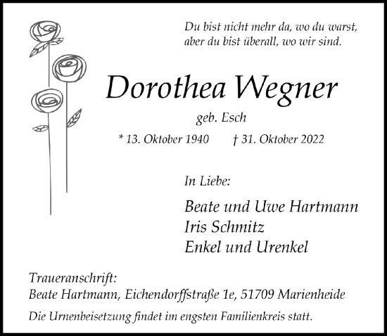 Anzeige von Dorothea Wegner von  Anzeigen Echo 