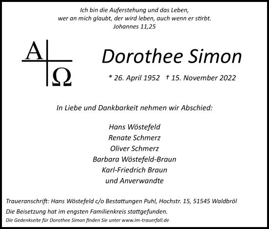 Anzeige von Dorothee Simon von Kölner Stadt-Anzeiger / Kölnische Rundschau / Express