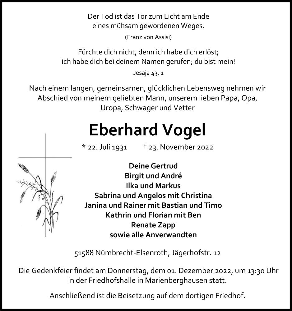  Traueranzeige für Eberhard Vogel vom 26.11.2022 aus Kölner Stadt-Anzeiger / Kölnische Rundschau / Express