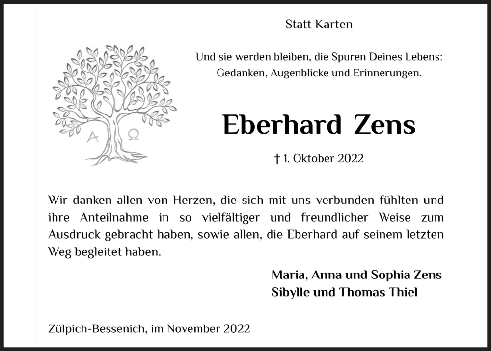  Traueranzeige für Eberhard Zens vom 05.11.2022 aus  Blickpunkt Euskirchen 