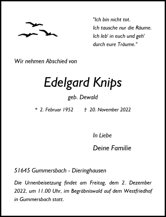 Anzeige von Edelgard Knips von  Anzeigen Echo 