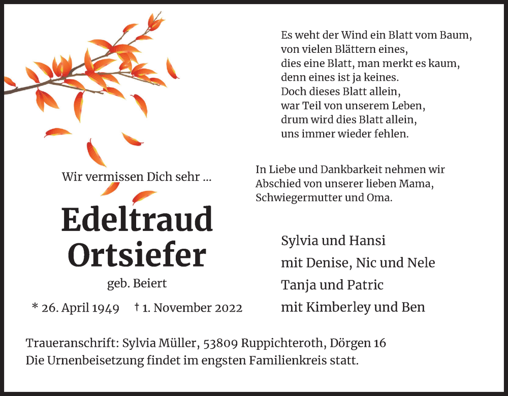  Traueranzeige für Edeltraud Ortsiefer vom 05.11.2022 aus Kölner Stadt-Anzeiger / Kölnische Rundschau / Express