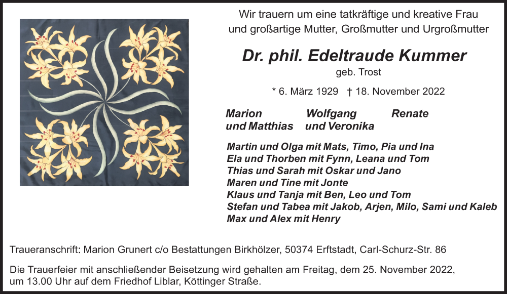  Traueranzeige für Edeltraude Kummer vom 23.11.2022 aus Kölner Stadt-Anzeiger / Kölnische Rundschau / Express