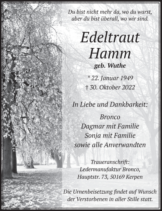 Anzeige von Edeltraut Hamm von  Werbepost 
