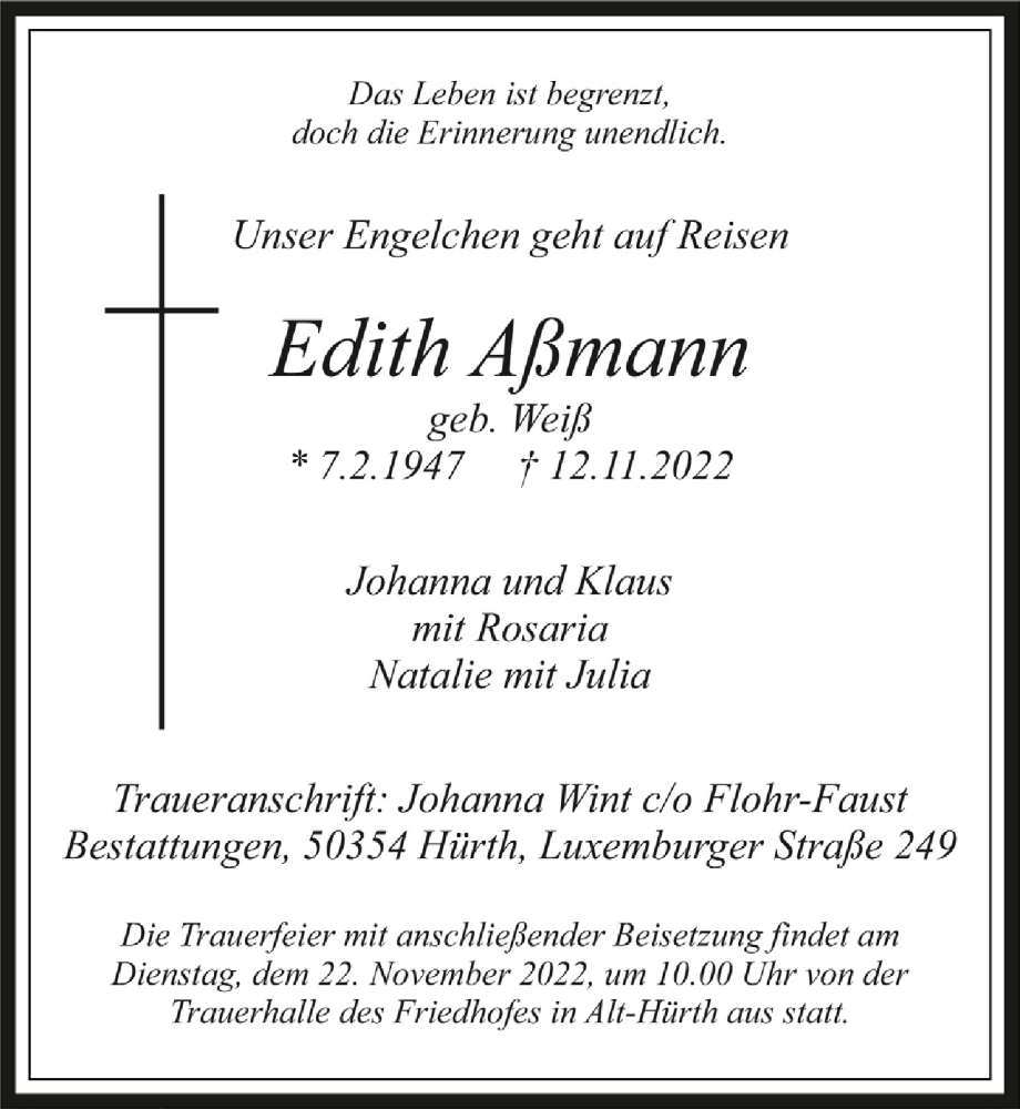  Traueranzeige für Edith Aßmann vom 18.11.2022 aus  Wochenende 