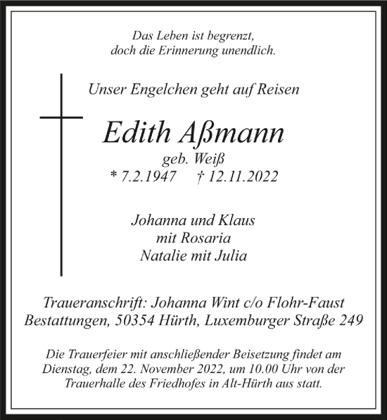 Anzeige von Edith Aßmann von  Wochenende 