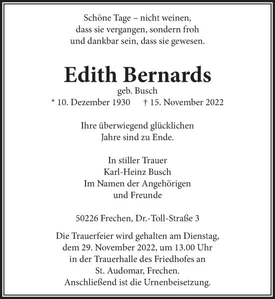 Anzeige von Edith Bernards von  Wochenende 