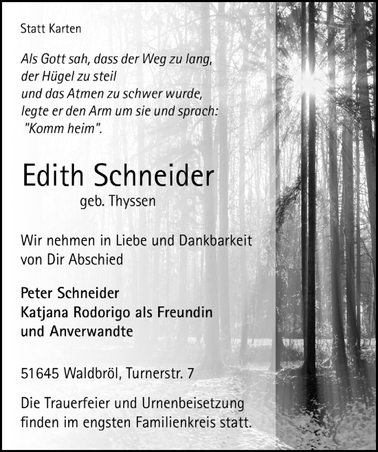 Anzeige von Edith Schneider von  Lokalanzeiger 