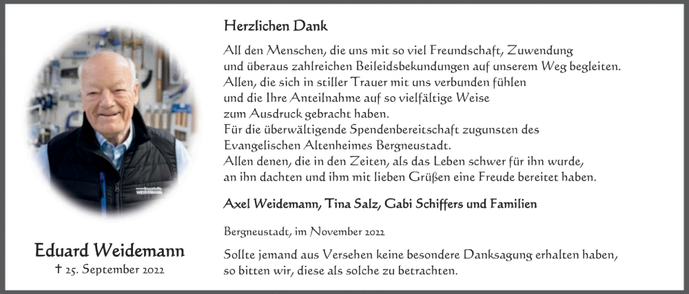  Traueranzeige für Eduard Weidemann vom 25.11.2022 aus  Anzeigen Echo 